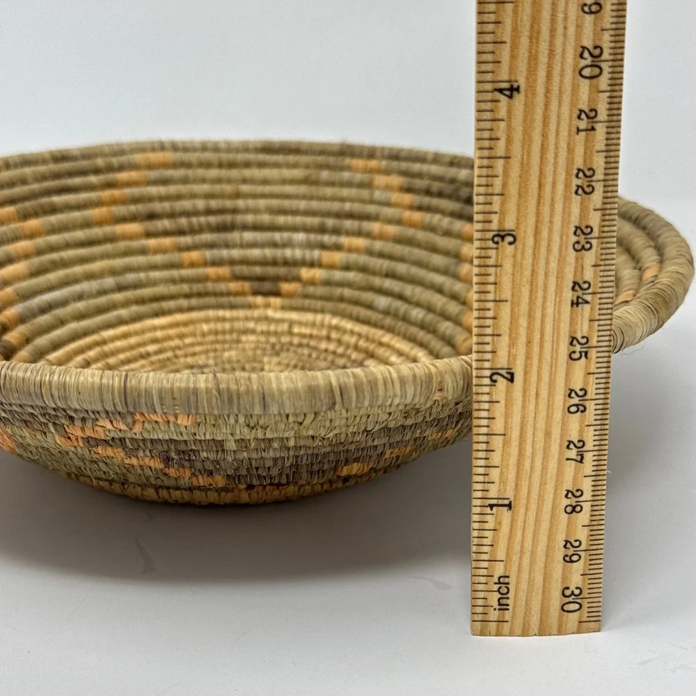Vintage Handwoven Coiled Grass Basket Bowl Tribal Geometric Boho Decor 9
